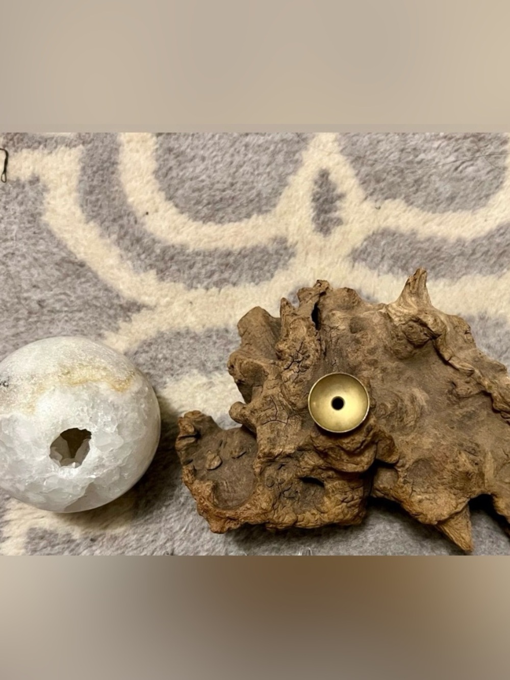 Natural Driftwood Candle Holder with Quartz sphere &rainbow obsidian sphere